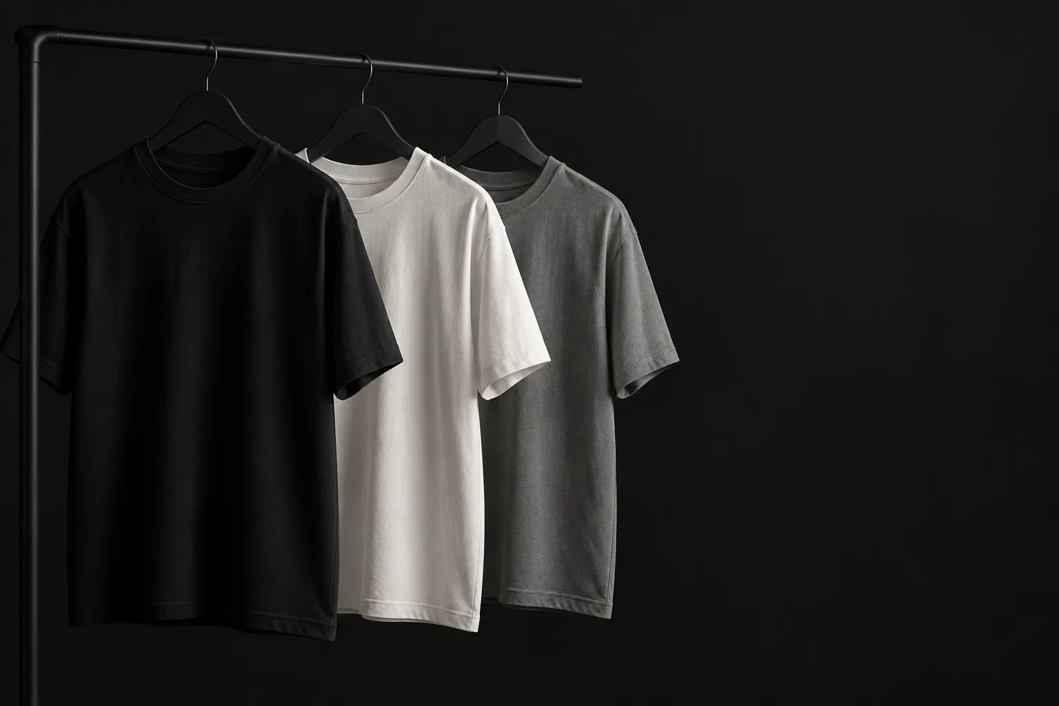 เสื้อยืดเปล่าสีดำ ขาว และเทา แขวนบนราวเหล็กบนพื้นหลังโทนเข้ม