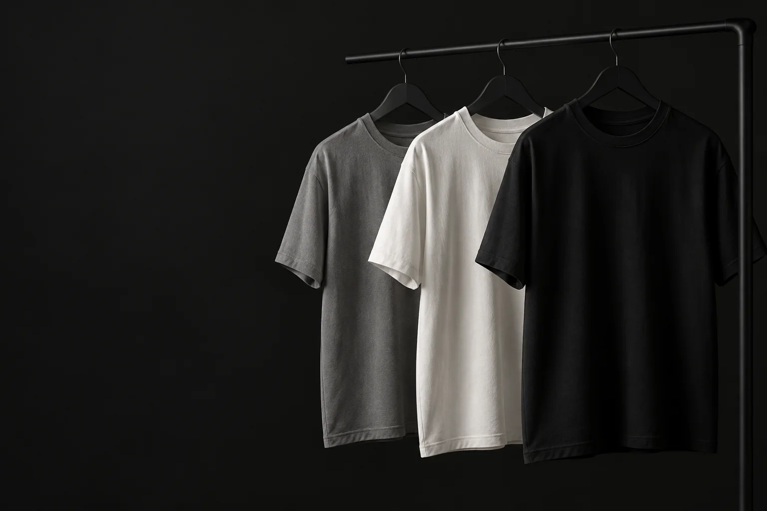 เสื้อยืดเปล่าสีดำ ขาว และเทา แขวนบนราวเหล็กบนพื้นหลังสีดำ