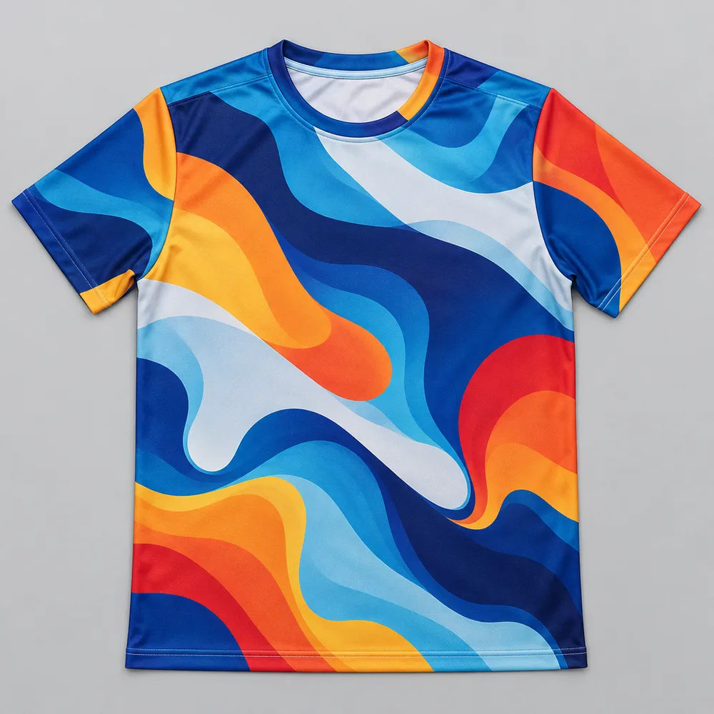 เสื้อกีฬาพิมพ์ลายเต็มตัวด้วยระบบ Sublimation วางราบบนพื้นเทาอ่อน เสื้อกีฬาพิมพ์ลายเต็มตัวด้วยระบบ Sublimation วางราบบนพื้นเทาอ่อน