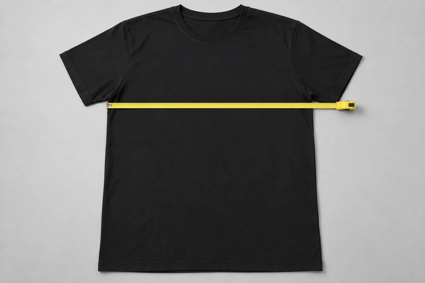 เสื้อยืดสีดำวางราบบนพื้นเทาอ่อน มีสายวัดพาดขวางบริเวณรอบอก