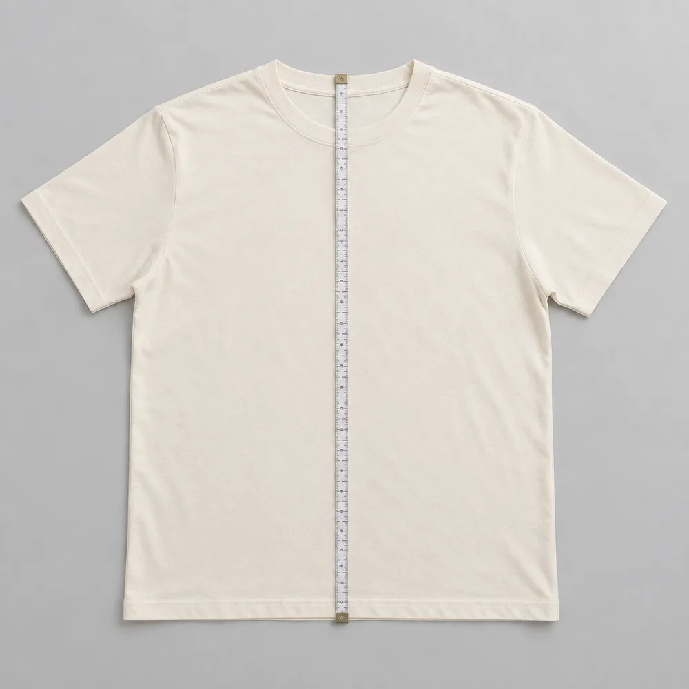 เสื้อยืดสีครีมวางราบ มีสายวัดวางตามแนวยาวจากบ่าลงมาถึงชายเสื้อ