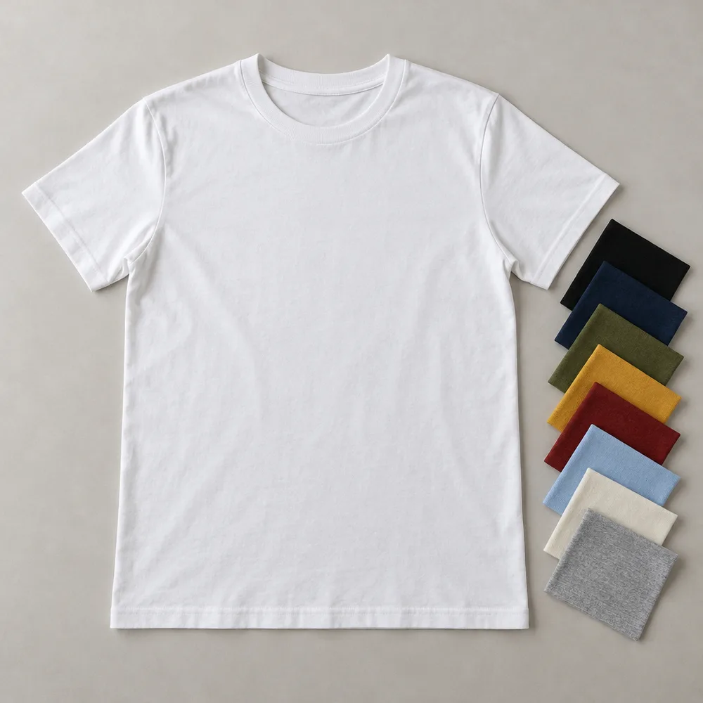 เสื้อยืดคอตตอนสีขาววางราบบนพื้นเทาอ่อน ข้าง ๆ เรียงผ้าตัวอย่าง 8 สี ทั้งดำ กรมท่า เขียวขี้ม้า เหลืองมัสตาร์ด แดง ฟ้า ครีม และเทา
