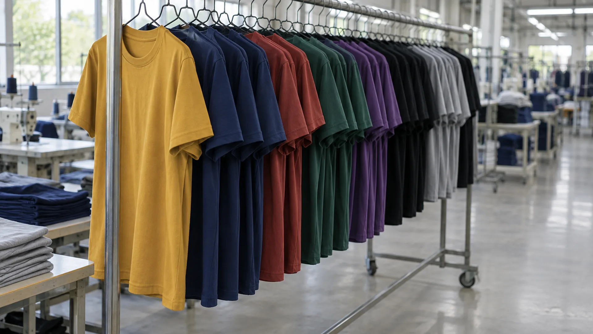 ราวแขวนเสื้อยืดคอกลมหลายสีในโรงงานตัดเย็บของเสื้อยืด.com มีจักรเย็บและกองผ้าอยู่ด้านหลัง